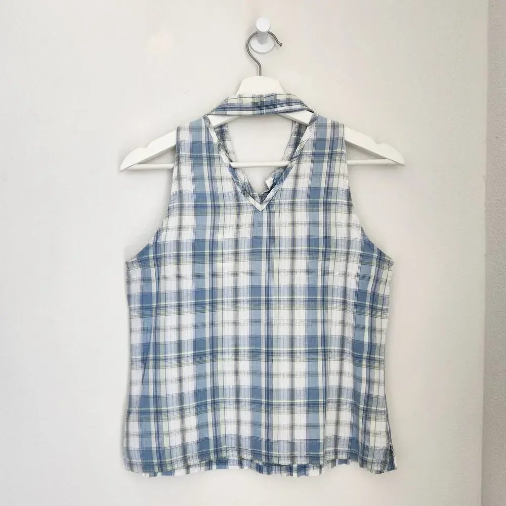 Vintage Y2K Faded Glory Blue White Plaid Sleeveless Button Down Top S Cottage - Picture 9 of 9